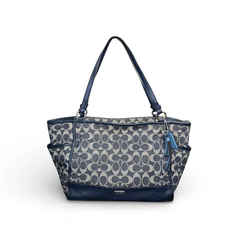 Coach Blue and Light Gray Signature Tote with Leather Trim